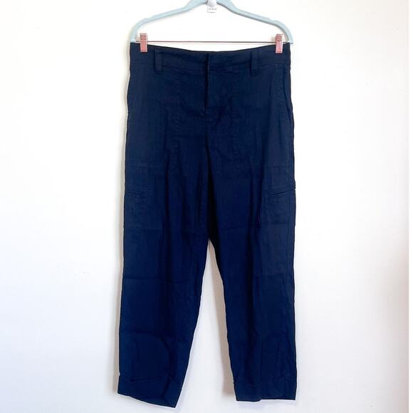 Vince Relaxed Linen Womens Pants Size L Black Wide Leg Cuff Minimalist Cargo - Picture 1 of 6